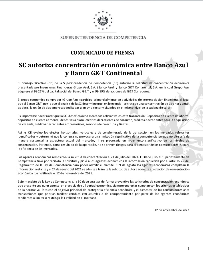 SC autoriza concentración económica entre Banco Azul y Banco GT Continental_Final