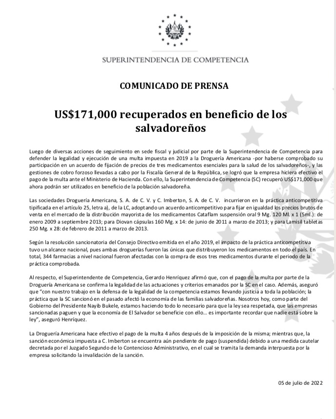 US$171,000 recuperados en beneficio de los salvadoreños