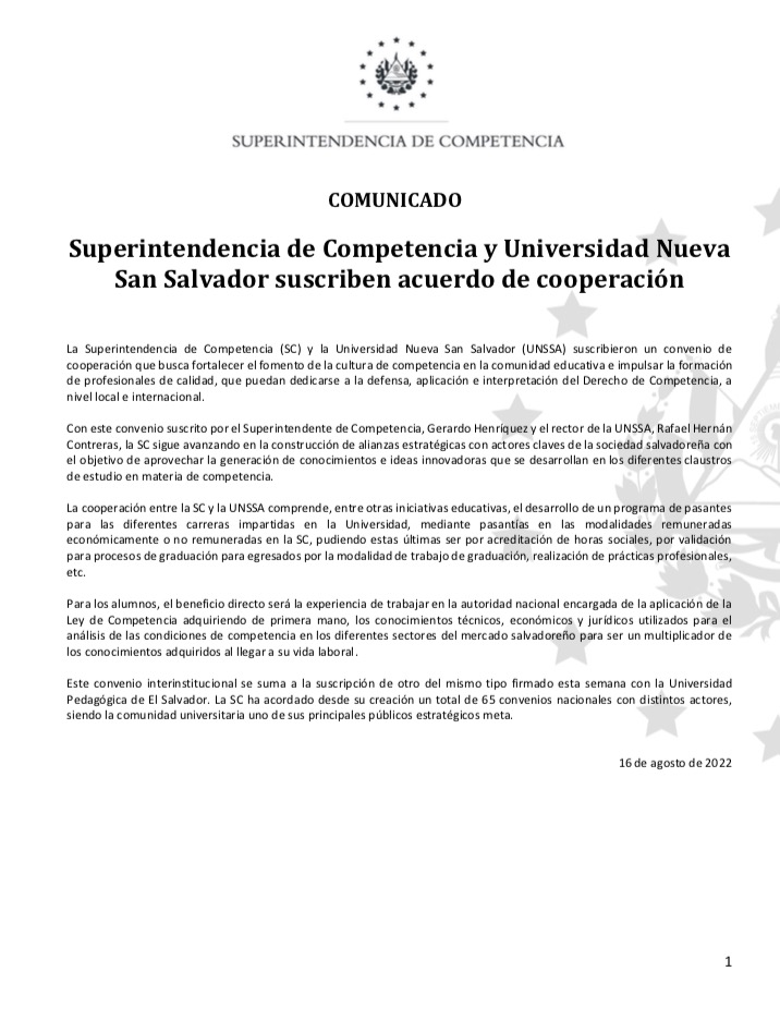 Cover Superintendencia de Competencia y Universidad Nueva San Salvador suscriben acuerdo de cooperación 