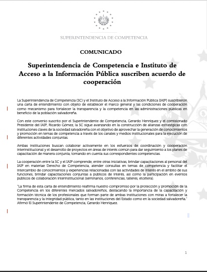 Superintendencia de Competencia e Instituto de Acceso a la Información Pública suscriben acuerdo de cooperación