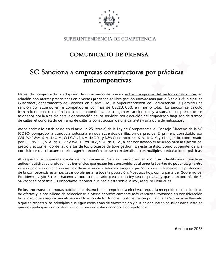 SC Sanciona a empresas constructoras por prácticas anticompetitivas