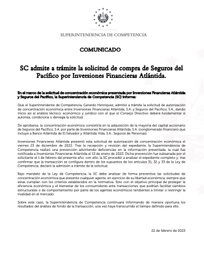 SC admite a trámite la solicitud de compra de Seguros del Pacífico por Inversiones Financieras Atlántida.