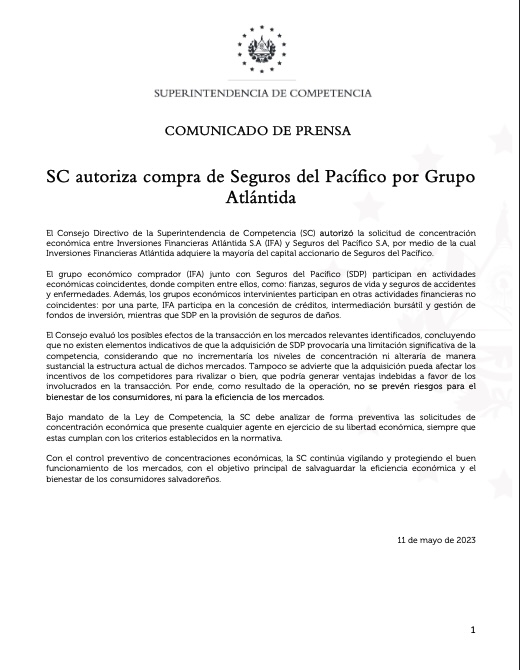 5-SC autoriza compra de Seguros del Pacífico por Grupo Atlántida