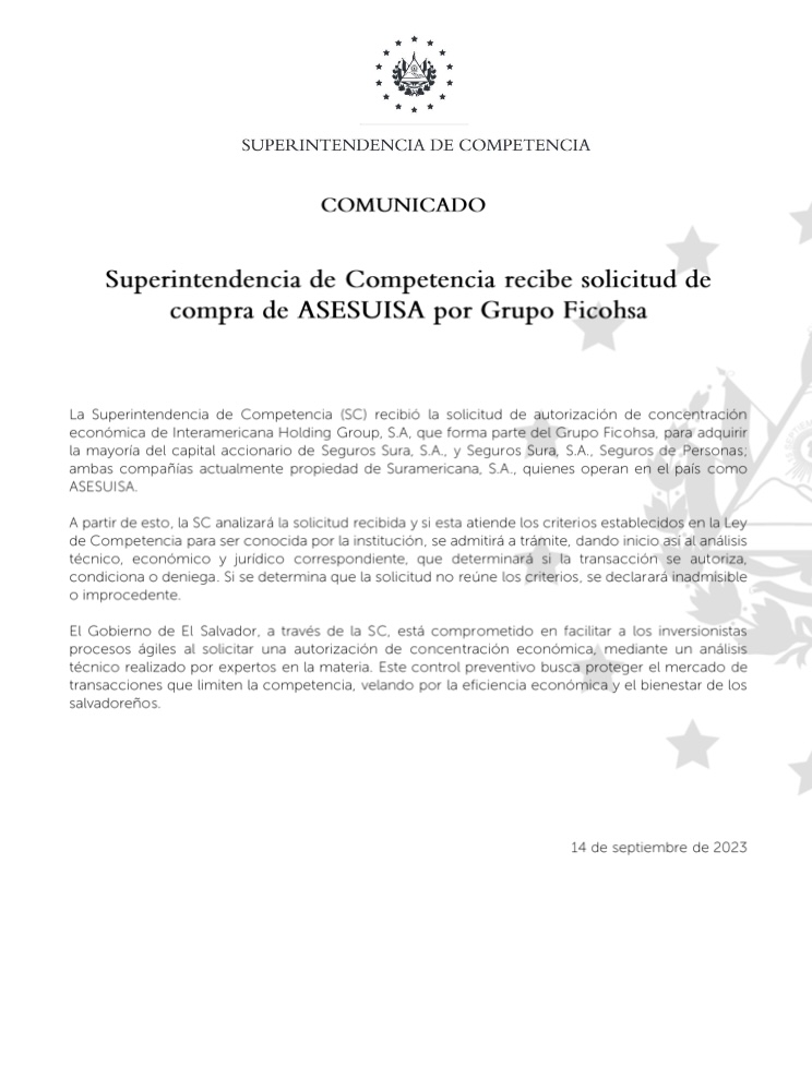 la SC analizará la solicitud recibida y si esta atiende los criterios establecidos en la Ley de Competencia para ser conocida por la institución