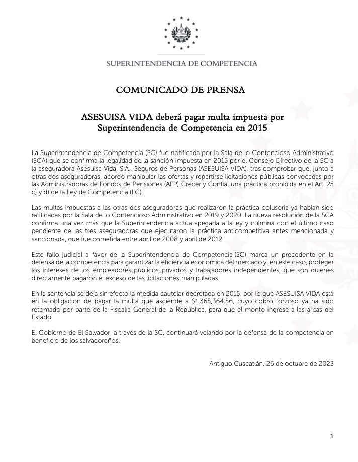 ASESUISA VIDA deberá pagar multa impuesta por Superintendencia de Competencia en 2015