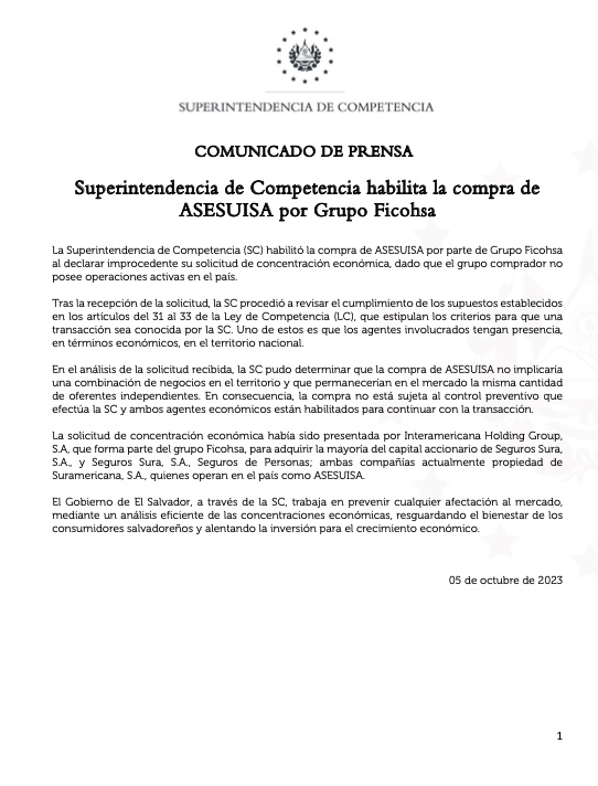 Superintendencia de Competencia habilita la compra de ASESUISA por Grupo Ficohsa 