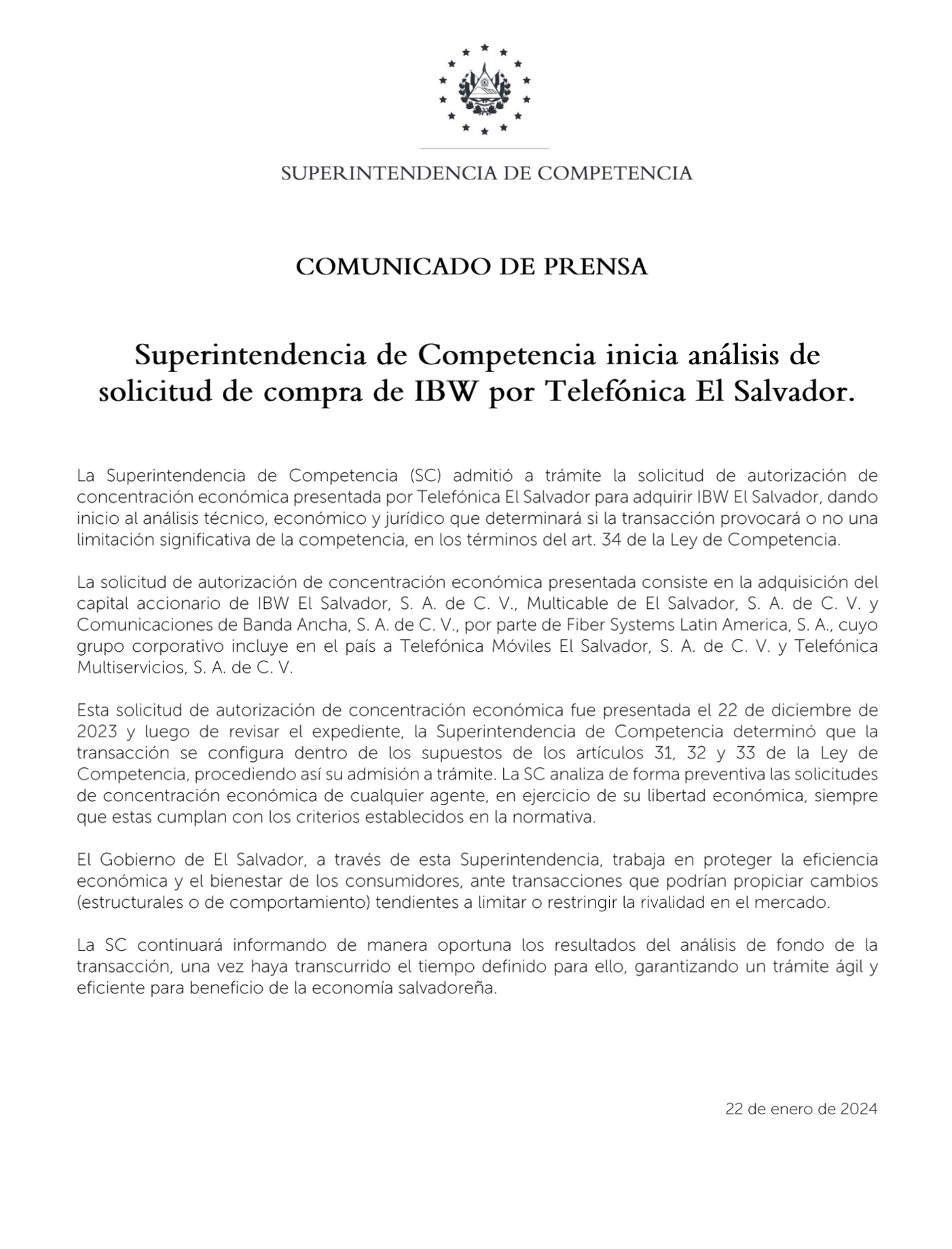 Comunicado. Superintendencia de Competencia inicia análisis de solicitud de compra de IBW por Telefónica El Salvador..pdf