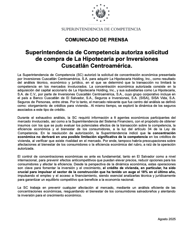 COVER-COM-SC-CuscaHipo Superintendencia de Competencia autoriza solicitud<br />
de compra de La Hipotecaria por Inversiones<br />
Cuscatlán Centroamérica