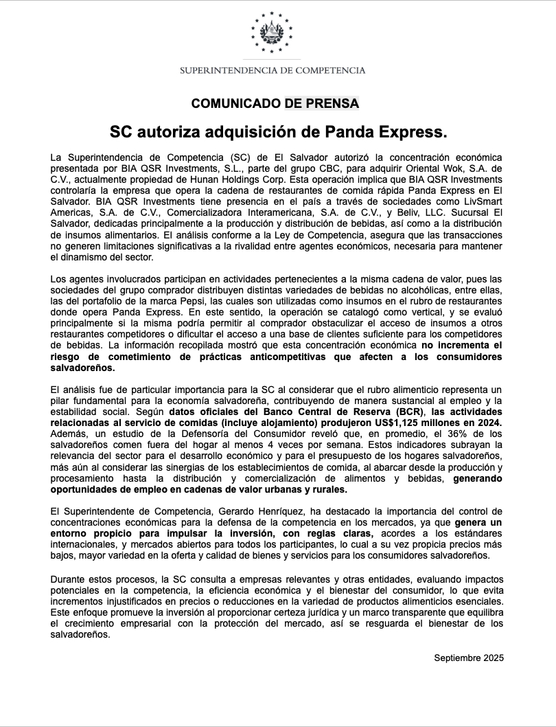 SC autoriza adquisición de Panda Express.- Cover SC autoriza adquisición de Panda Express.- Cover