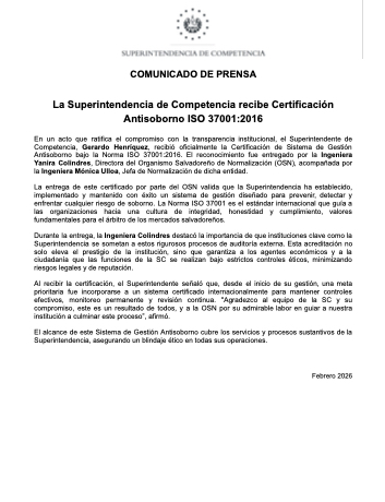 La Superintendencia de Competencia recibe Certificación<br />
Antisoborno ISO 37001:2016